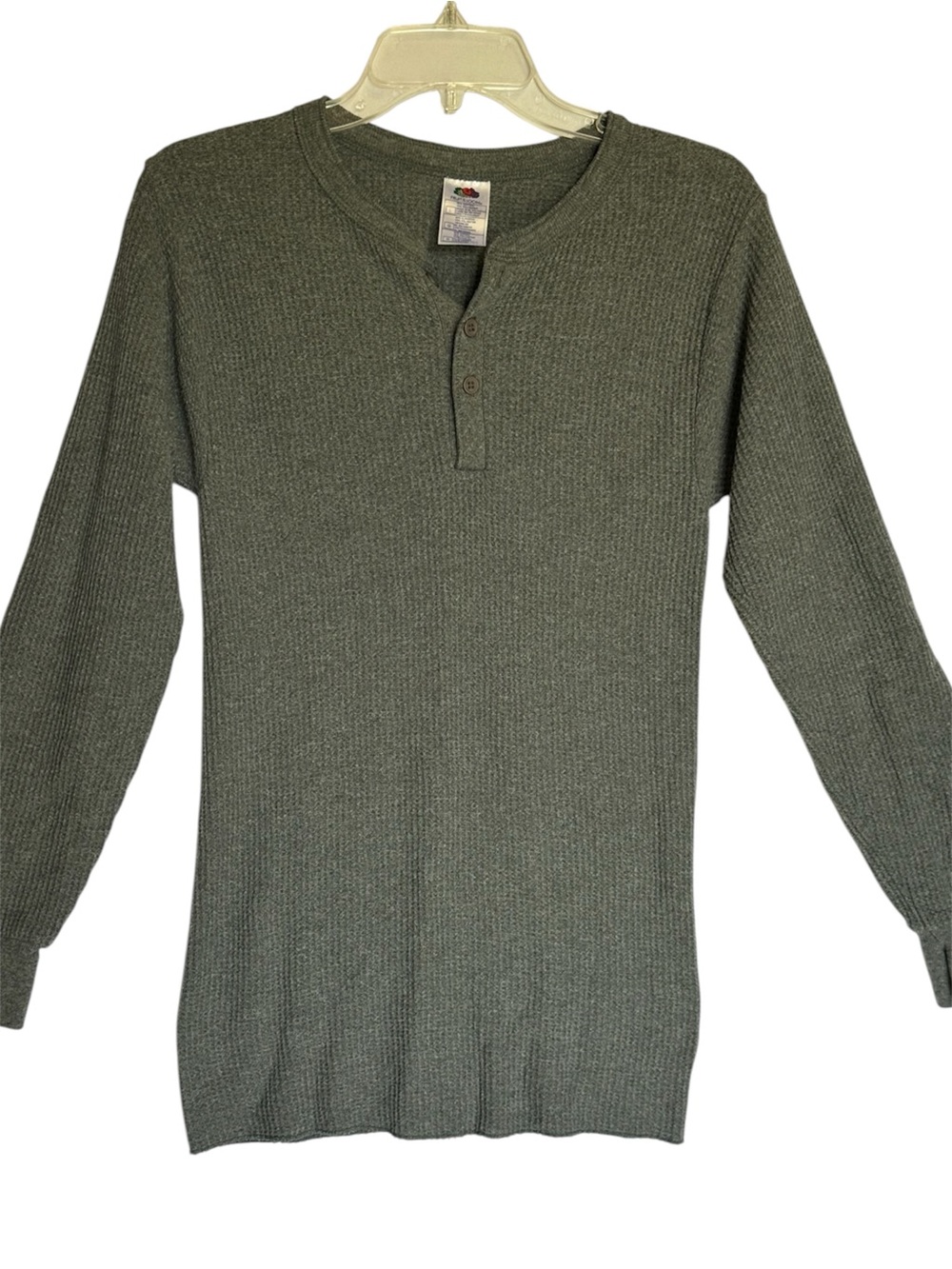 Fruit of the Loom Gray Waffle-Knit Henley Top Flannel Size L Slim Fit